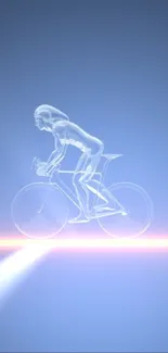 Translucent cyclist in motion with glowing lights on a blue backdrop.