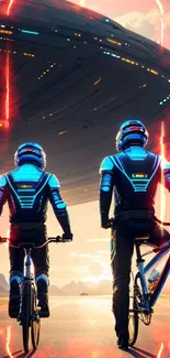 Futuristic cyclists with neon outfits under a giant spaceship.