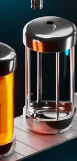 Futuristic laboratory vials with metallic accents.