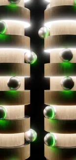 Futuristic glowing cylinders with metallic spheres.