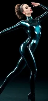 Futuristic black latex dance pose mobile wallpaper.