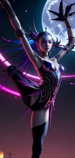 Futuristic dancer posing under neon pink moon.