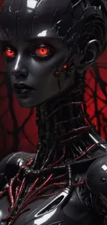 Futuristic android with red eyes on a dark background.