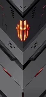 Futuristic dark armor mobile wallpaper with geometric patterns and orange-red accents.