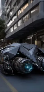 Futuristic dark car on city street at night.