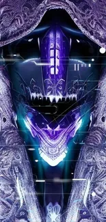 Dark futuristic hooded figure with intricate designs and purple hues.