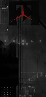 Futuristic dark wallpaper with geometric patterns and red emblem.