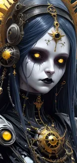 Futuristic dark queen with glowing eyes and intricate design elements.