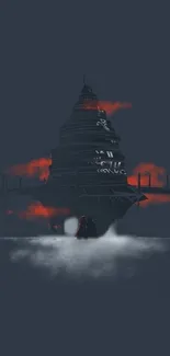 Dark futuristic tower with red accents amid mist.