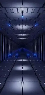 Futuristic dark tunnel with blue lights as smartphone wallpaper.