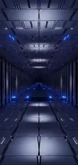 Futuristic dark tunnel wallpaper with blue lights and sleek design.