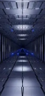 Futuristic dark tunnel wallpaper with blue accent lighting.