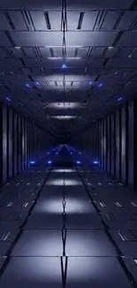 Futuristic dark tunnel with metallic walls and blue lights.