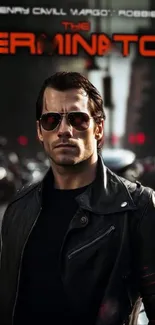 Man in black leather jacket and sunglasses in a dark urban setting.