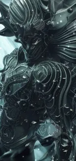 Futuristic dark warrior in intricate armor on an icy backdrop.