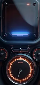 Futuristic car dashboard with digital display and orange circular gauges.