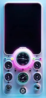 Futuristic phone wallpaper with neon dashboard dials.