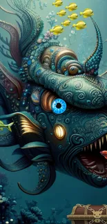 Futuristic fish and treasure in deep sea art wallpaper.