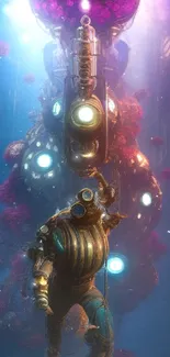 Futuristic deep sea diver with vibrant colors and steampunk design in sci-fi scene.