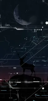 Deer silhouette against a cosmic night sky with digital circuitry.