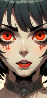 Futuristic demon girl with bold red eyes and horns, anime style art.