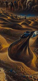 Surreal desert with car on sand dunes in artistic fantasy wallpaper.