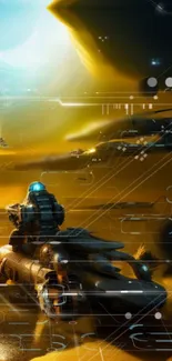 Futuristic desert battle scene with spacecraft and golden tones.