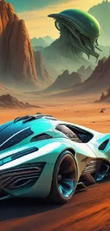 Futuristic car in an alien desert landscape with mountains and UFO in the sky.