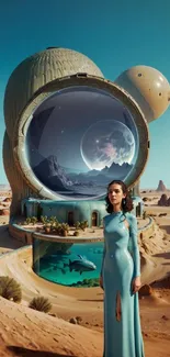 Futuristic desert landscape with surreal architecture and a woman in a blue dress.