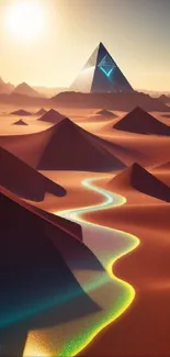 Futuristic glowing pyramids in a desert landscape with a vibrant sky.