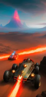 Futuristic cars racing through a fiery desert landscape in a surreal scene.