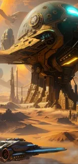 Futuristic spaceship in a desert landscape with towering structures.