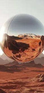 Reflective sphere in desert landscape, artful and futuristic.