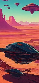 Futuristic desert landscape with hovering UFOs and vibrant orange hues.