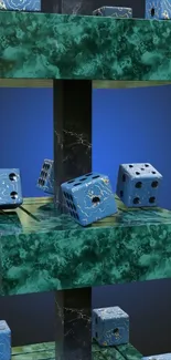 Abstract wallpaper with blue dice and teal marble textures.
