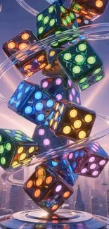 Colorful glowing dice swirl above a futuristic cityscape.