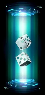 Illuminated futuristic dice in a glowing cyan tube.