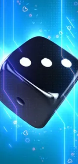 Futuristic black dice on a glowing blue neon background.