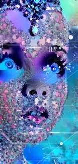 Vibrant futuristic digital art face wallpaper with geometric patterns.