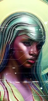 Futuristic woman with halo in vibrant digital art.