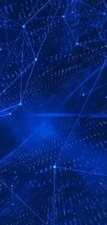 Futuristic digital network in blue tones with glowing nodes and lines.