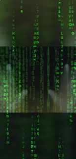 Green digital code wallpaper with cascading numbers and letters.