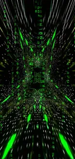 Futuristic mobile wallpaper with green digital code matrix design.