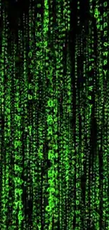 Neon green digital code matrix wallpaper on black background.