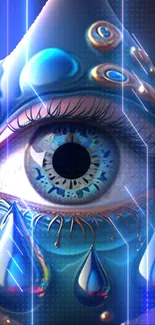 Futuristic digital eye with teardrop elements.