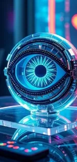 Futuristic digital eye with neon colors.