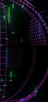 Futuristic neon digital grid on a dark background with glowing elements.