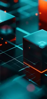 Futuristic digital wallpaper with glowing cubes and neon lines.