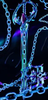 Neon futuristic sword with chains glowing vividly on a dark background.