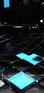 Futuristic digital wallpaper with blue highlights and tech-inspired grid design.